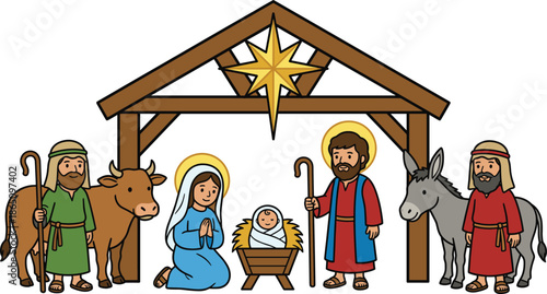 Colorful cartoon nativity scene illustration of Mary Joseph and baby Jesus in manger under Bethlehem star Christmas stable holy family