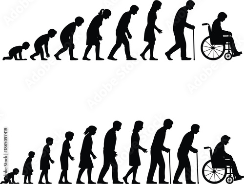 Silhouette of people from crawling baby to elderly person in wheelchair showing human life stages progression 1