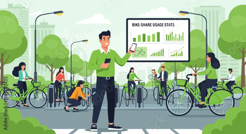 Bike Share Usage Analysis Man Presenting Data to Cyclists.