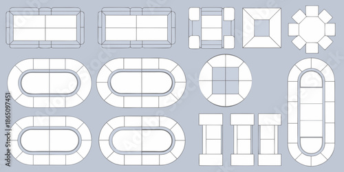 Assorted furniture arrangements displayed in a top down schematic blueprint style
