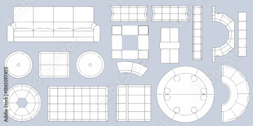 Blueprint of modular furniture components sofas chairs tables and circular elements