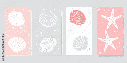 A collection of decorative seashell and starfish illustrations on pastel backgrounds