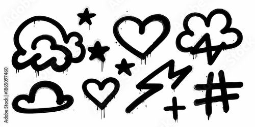 Black and white doodle art featuring hearts stars and various symbols