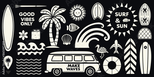 Summer aesthetic illustration with surfboards palm trees and vintage van elements