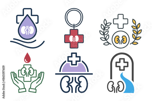 Set of six kidney health and nephrology logo icons for urology clinic hospital and organ donation awareness