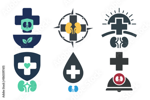 Set of six kidney health line art logo icons for organ donation awareness patient support and medical achievement