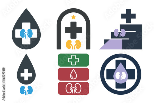 Set of six kidney health logo icons for blood donation treatment center and awareness campaigns