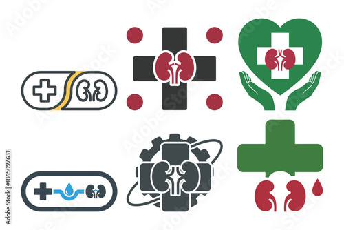 Set of six kidney health logo icons for medical reports medicine capsules and community support groups