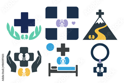 Set of six kidney care and nephrology logo icons for hospital treatment health journey and patient support