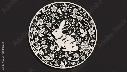 Chinese paper cut rabbit year floral vector