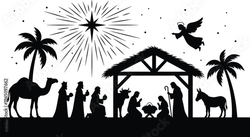 Detailed nativity scene silhouette with holy family three wise men angel star animals palm trees Christmas biblical illustration