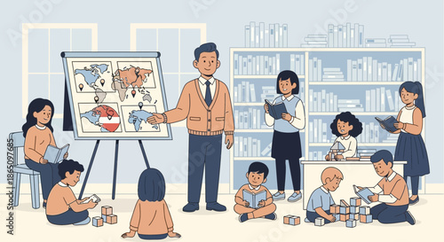 Classroom learning environment with teacher and students engaged in activities.