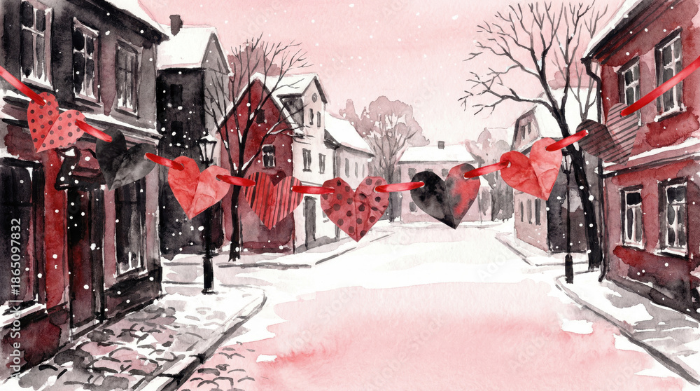 Naklejka premium Romantic Street with Suspended Hearts in Snowy Town