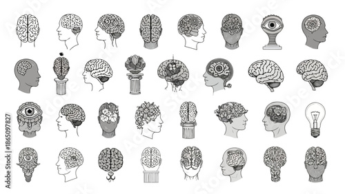 Illustrations of human brains and heads with lightbulbs and eyes
