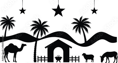 Minimalist nativity scene silhouette with palm trees camel sheep donkey and stars desert Christmas illustration black white vector art design