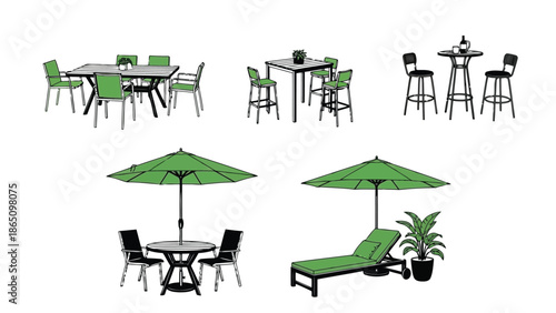 Outdoor furniture arrangements including dining sets bar stools and lounge seating