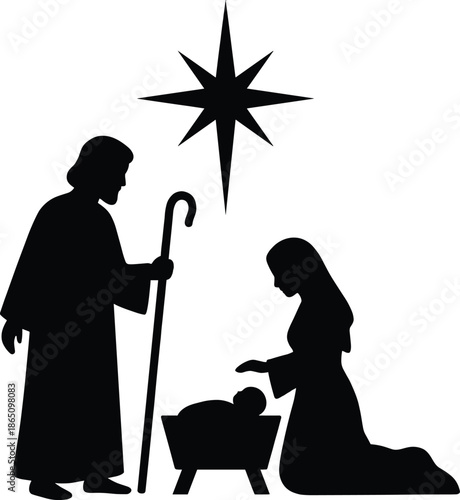 Minimalist Nativity Silhouette Illustration of Mary Joseph and Baby Jesus with Bethlehem Star for Christmas Religious Design Stock Vector Art