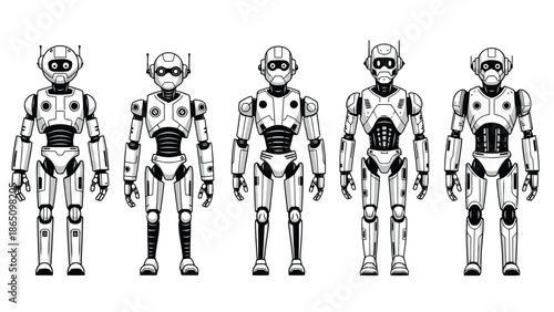 A lineup of five futuristic humanoid robots standing in a symmetrical arrangement