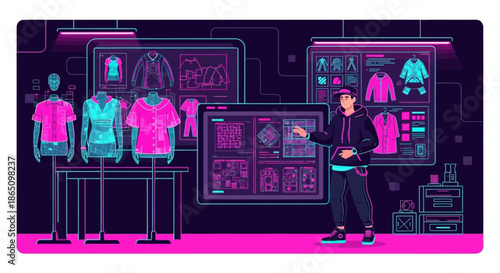 Futuristic Fashion Designer Showcasing Digital Clothing Designs in NeonLit Studio.
