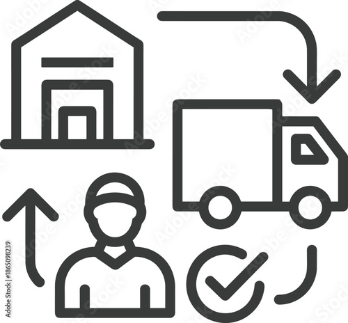 Logistics delivery and supply chain management line icon including warehouse distribution truck transport courier worker order verification and fast shipping service