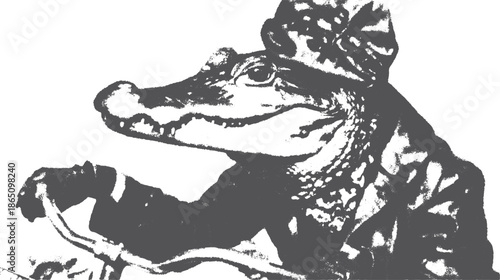 Crocodile character in vintage style. Dapper animal illustration riding a motorcycle. Monochrome vector set.