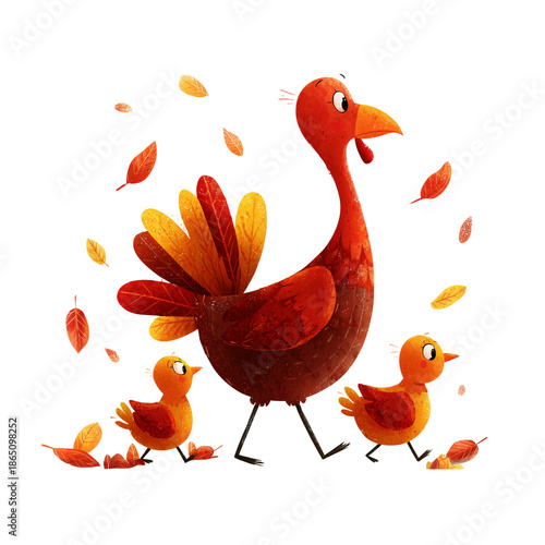 Cute cartoon turkey with chicks and falling autumn leaves isolated on transparent background