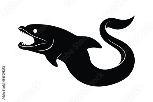 Deep sea pelikan eel aggressive marine creature silhouette on white background Vector illustration