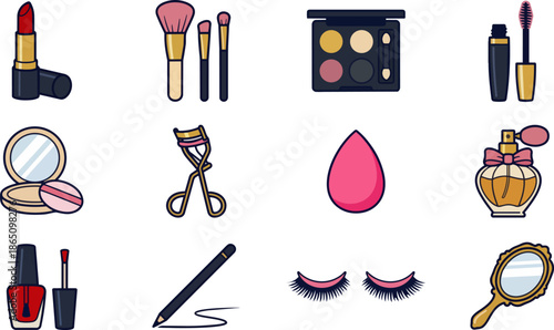 Colorful Collection of Makeup and Beauty Product Illustrations on White