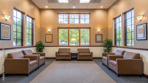 Tax Service Modern waiting area featuring comfortable seating and large windows for natural light.
