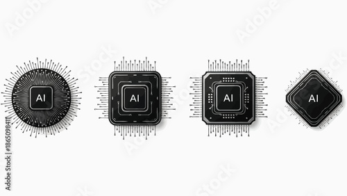 Abstract artificial intelligence circuit designs with glowing lines and ai labels