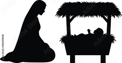 Minimalist nativity silhouette of Virgin Mary kneeling beside baby Jesus in manger black and white Christmas illustration religious art