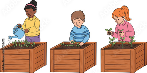 Diverse children gardening together, planting seedlings and watering sprouts in wooden raised beds, kids learning about nature and sustainability outdoors