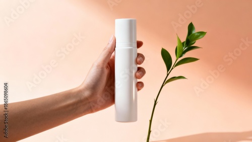 an elegant hand delicately holding a clean white cylindrical bottle without any labels or inscriptions against a soft peach gradient background