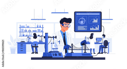 Scientists conducting experiments in a modern laboratory setting with advanced equipment.