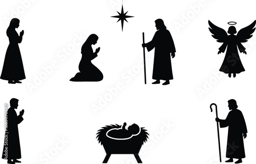 Nativity silhouette icon set featuring holy family, baby Jesus, angels and Bethlehem star, minimal black religious Christmas illustration