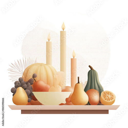 Autumn harvest arrangement with lit candles pumpkins gourds pears and grapes isolated on transparent background