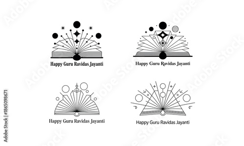 Four black and white abstract open book logos for Guru Ravidas Jayanti India religion