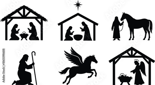 Nativity silhouette icon set showing holy family, angels, shepherds, animals and Bethlehem star for Christmas religious design illustration collection