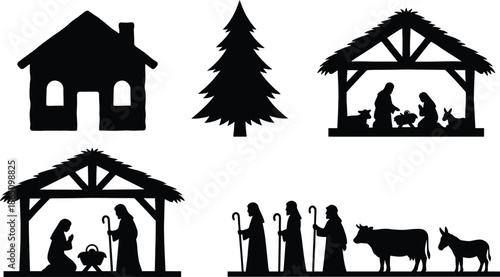 Nativity silhouette icon set with Mary Joseph baby Jesus shepherds stable and Christmas symbols minimalist black and white