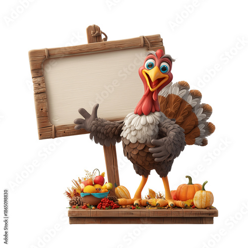 Whimsical cartoon turkey character standing next to a rustic wooden sign with autumn harvest decorations isolated on transparent background