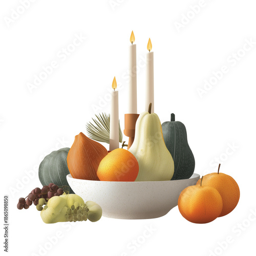 Autumn harvest arrangement with gourds pumpkins and lit candles in a white bowl isolated on transparent background
