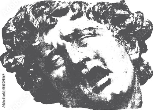 Dramatic head sculpture in black and white. Classical art illustration showcasing detailed texture in a vector format.