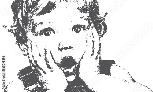 Shocked child expression in a simple graphic style. Monochrome vector illustration capturing surprise.