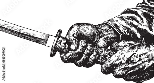 Sword held in hand, showcasing intricate details in vintage style. This black and white vector illustration emphasizes craftsmanship and historical significance.