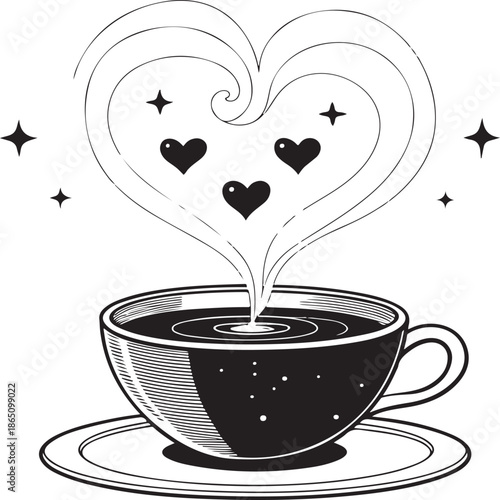  Cozy coffee cup with heart steam on saucer with hearts and stars