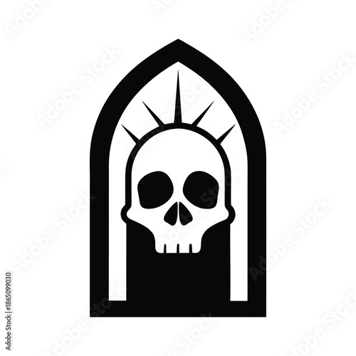 Skeleton head graphic with arched frame gothic window silhouette on white background Vector illustration