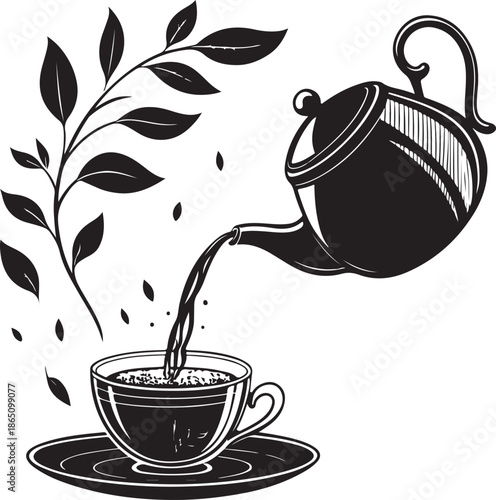 Elegant tea pouring into cup with saucer and leaves