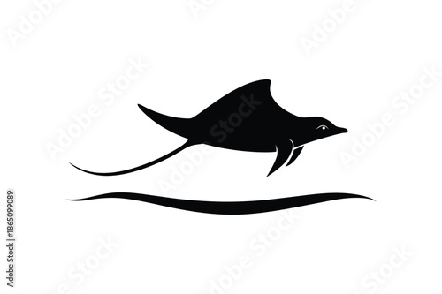 Stingray silhouette gliding over wave minimalist marine design on white background Vector illustration