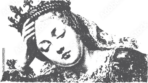 Vintage woman portrait with a crown. Detailed illustration in black and white vector style, showcasing historical beauty and elegance.