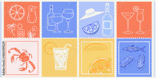 A colorful grid of summer themed illustrations including drinks fruit and seafood